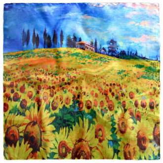 Eșarfă de Damă din Mătase, Scenă Marină și Floarea-Soarelui - 70x70 cm