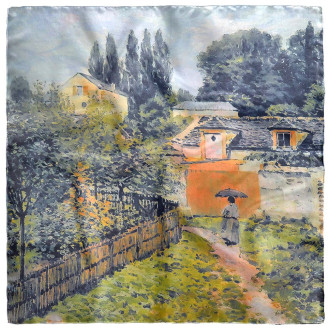 Eșarfa de Mătase "Garden Path", Dama - O Piesă de Artă Vestimentară, Culori Vibrante de Verde și Galben, 70x70 cm