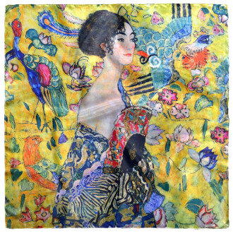Eșarfă Două Fete, Mătase Design "Dama cu Evantai și Câmpul cu Floarea-Soarelui", 70x70 cm