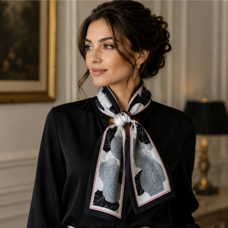 Eșarfă damă, îngustă, imprimeu floral model "Noir Camellia"