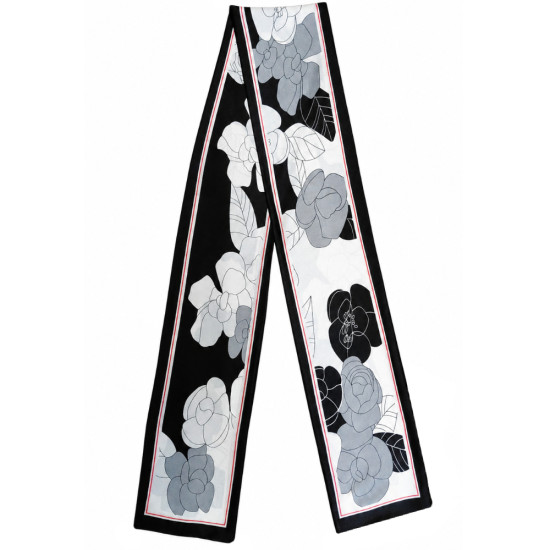 Eșarfă damă slim Noir Camellia cu imprimeu floral negru, gri și alb