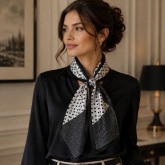 Eșarfă dama, îngustă alb-negru cu buline și flori "Contrast Floral"