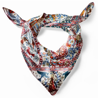 Esarfa de Dama "Tablou de Poveste" din Vâscoză și Mătase - Multicolor pe Fundal Alb,
