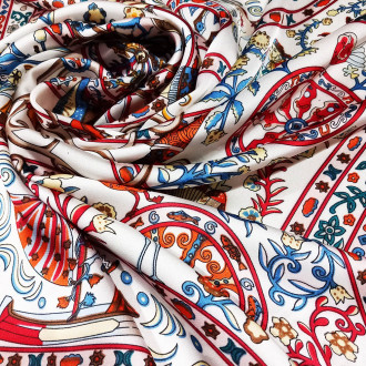 Esarfa de Dama "Tablou de Poveste" din Vâscoză și Mătase - Multicolor pe Fundal Alb,